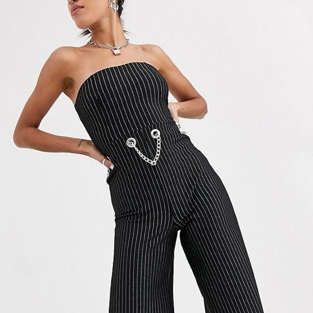 Another Reason Strapless Black Pinstripe Jumpsuit with Silver Chain